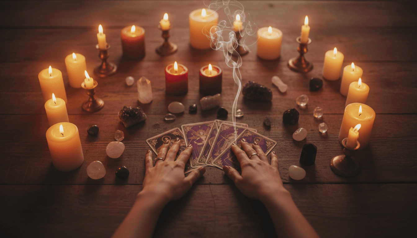Tarot cards and crystals arranged in candlelight during a spiritual reading session