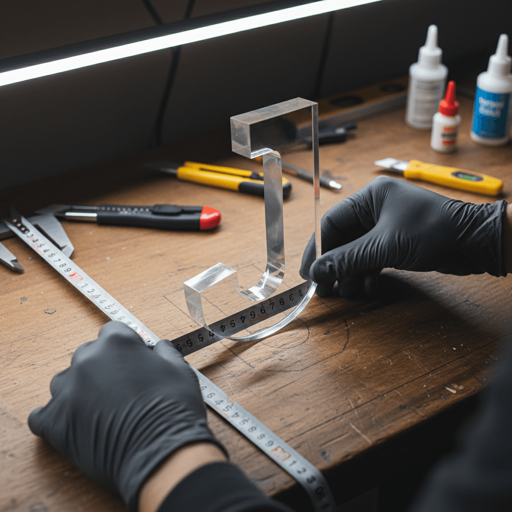 Close-up of hands installing an acrylic letter J in a workshop.