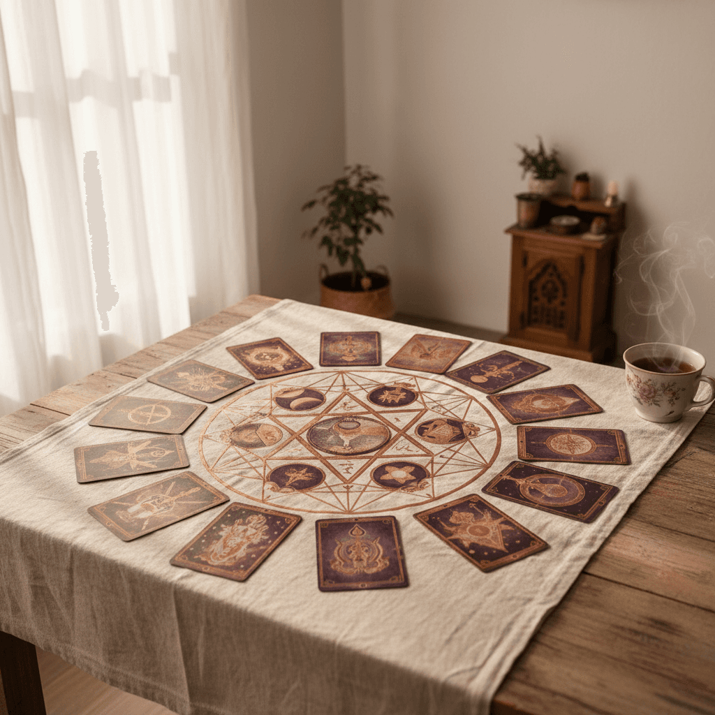 Oracle cards spread in a reading layout