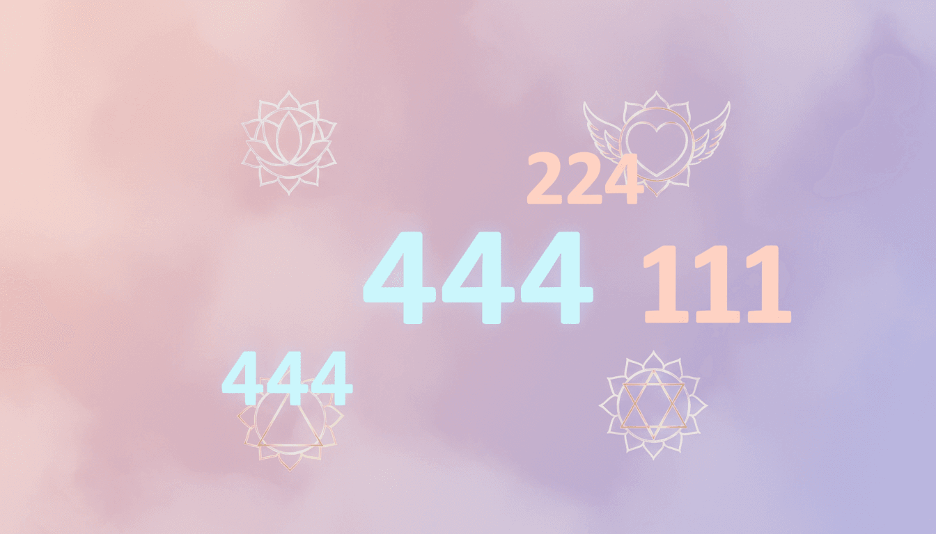 Pastel pink and purple background with subtle chakra symbols and angel numbers.