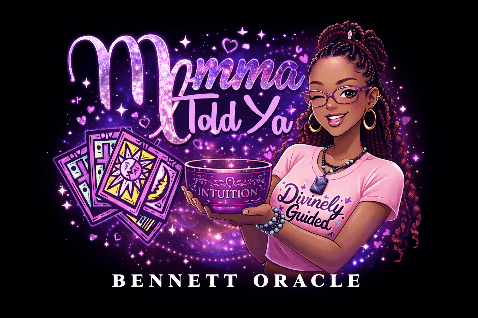 Winking woman holding an intuition bowl with tarot cards and purple Momma Told Ya text.